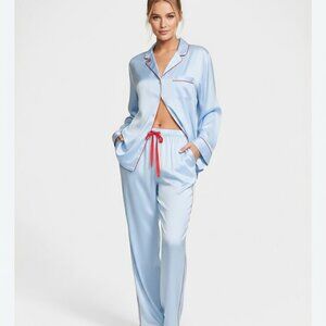 NWT Victoria's Secret Kiss Blue Satin Pajama Set w/ VS Promo card, XS